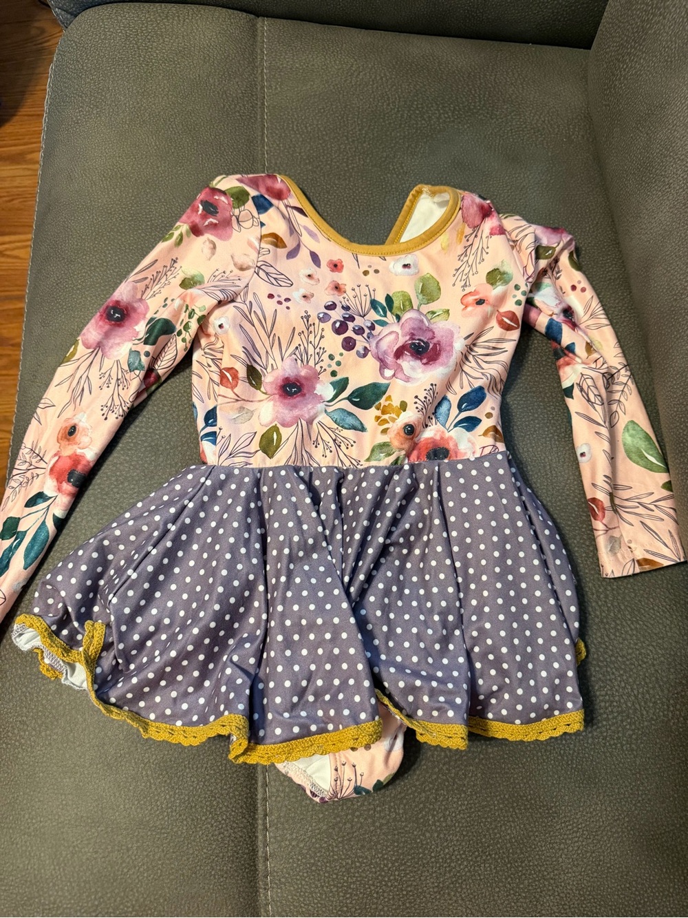 Cheeky Plum | Pink Floral and Purple Polka Dot skirted leotard